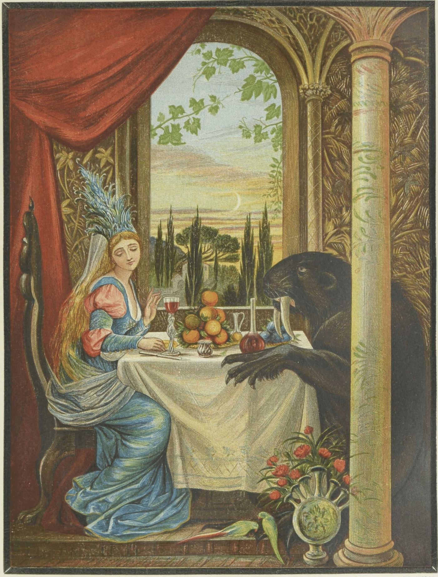 Beauty sits at a laden table while the Beast leans in at her side, in a painting by Eleanor Vere Boyle