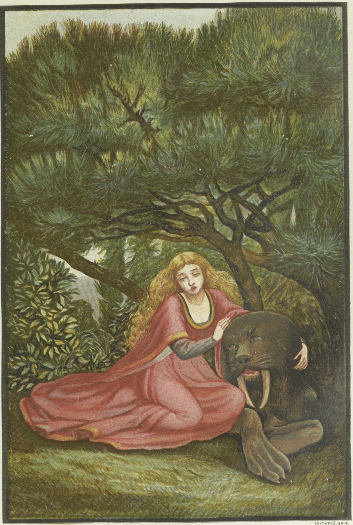 Beauty kneels beside the collapsed Beast under dark trees, in a painting by Eleanor Vere Boyle