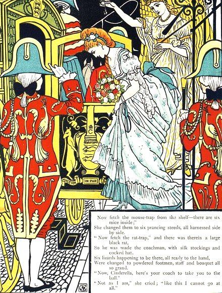 The pumpkin coach with liveried footmen and a rat coachman, by Walter Crane