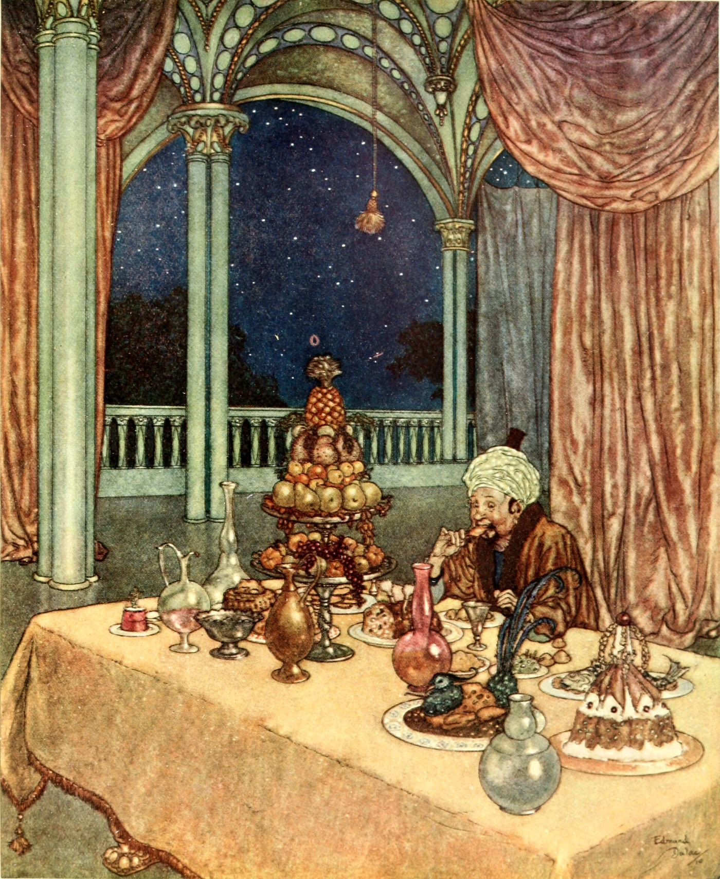 A laden supper table on a moonlit terrace where the Beast waits, in a colour plate by Edmund Dulac