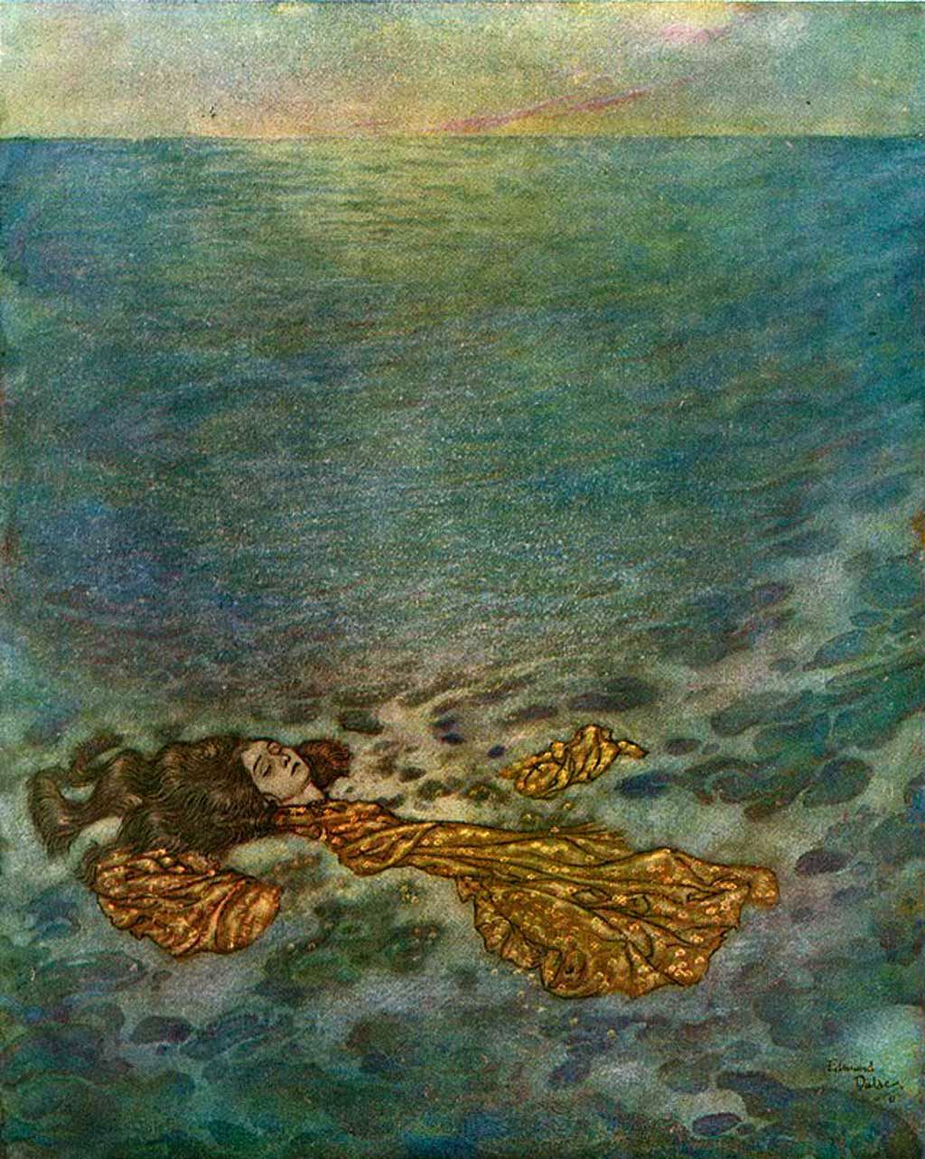 The little mermaid lying dissolved on the sea floor beneath green water, by Edmund Dulac