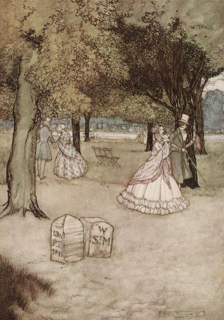 Two small tombstones under trees in Kensington Gardens, by Arthur Rackham