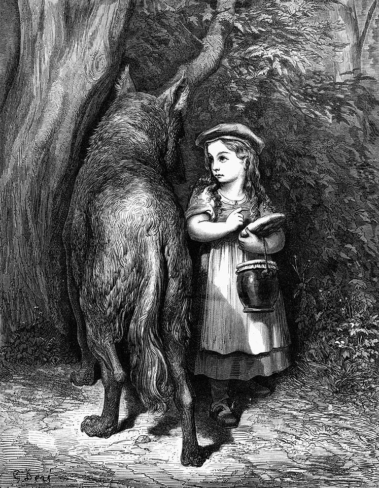 Little Red Riding Hood meets the enormous wolf in a dark wood, an engraving by Gustave Doré