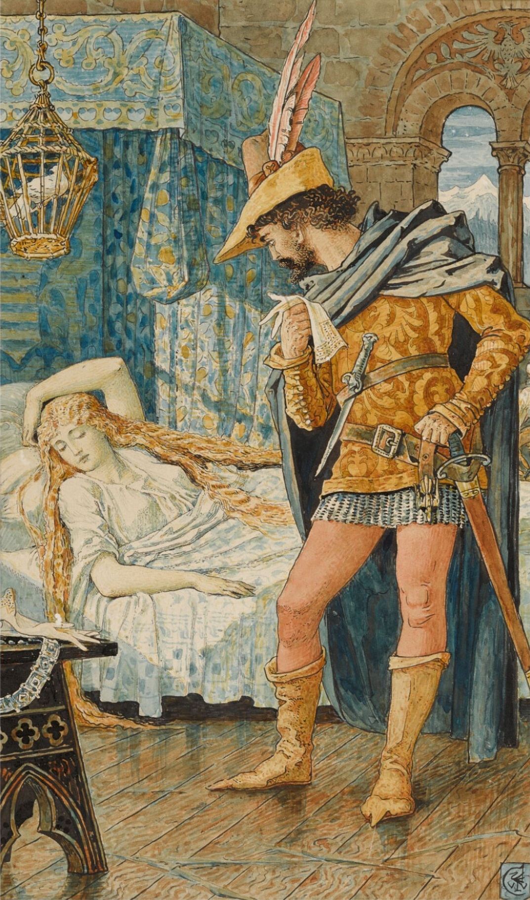 A huntsman in a plumed hat finds the sleeping princess, by Walter Crane