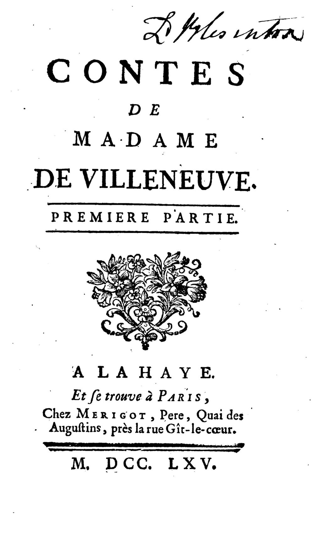 Title page of Contes de Madame de Villeneuve, first part, printed in 1765